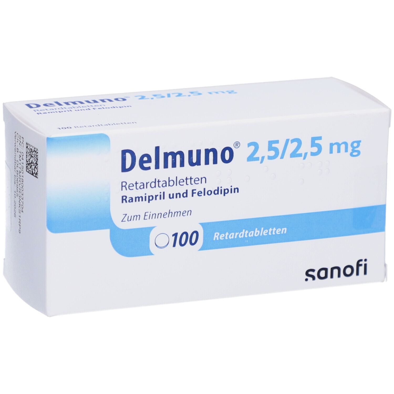 Vorderansicht der Delmunno 2,5/2,5 mg Retardtabletten Verpackung mit Sanofi Logo.