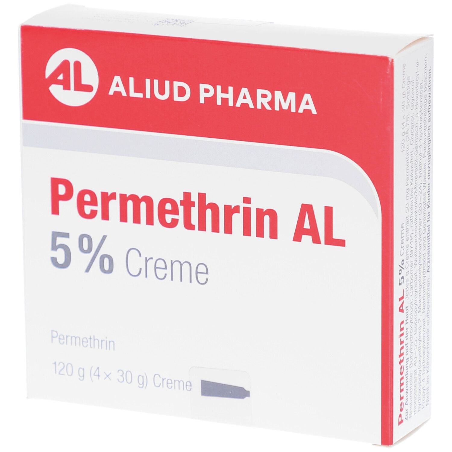 Weiße Schachtel mit rotem Streifen. Aufschrift: Permethrin AL 5% Creme. Marke: AL, Aliud Pharma. Enthält 120g Creme.