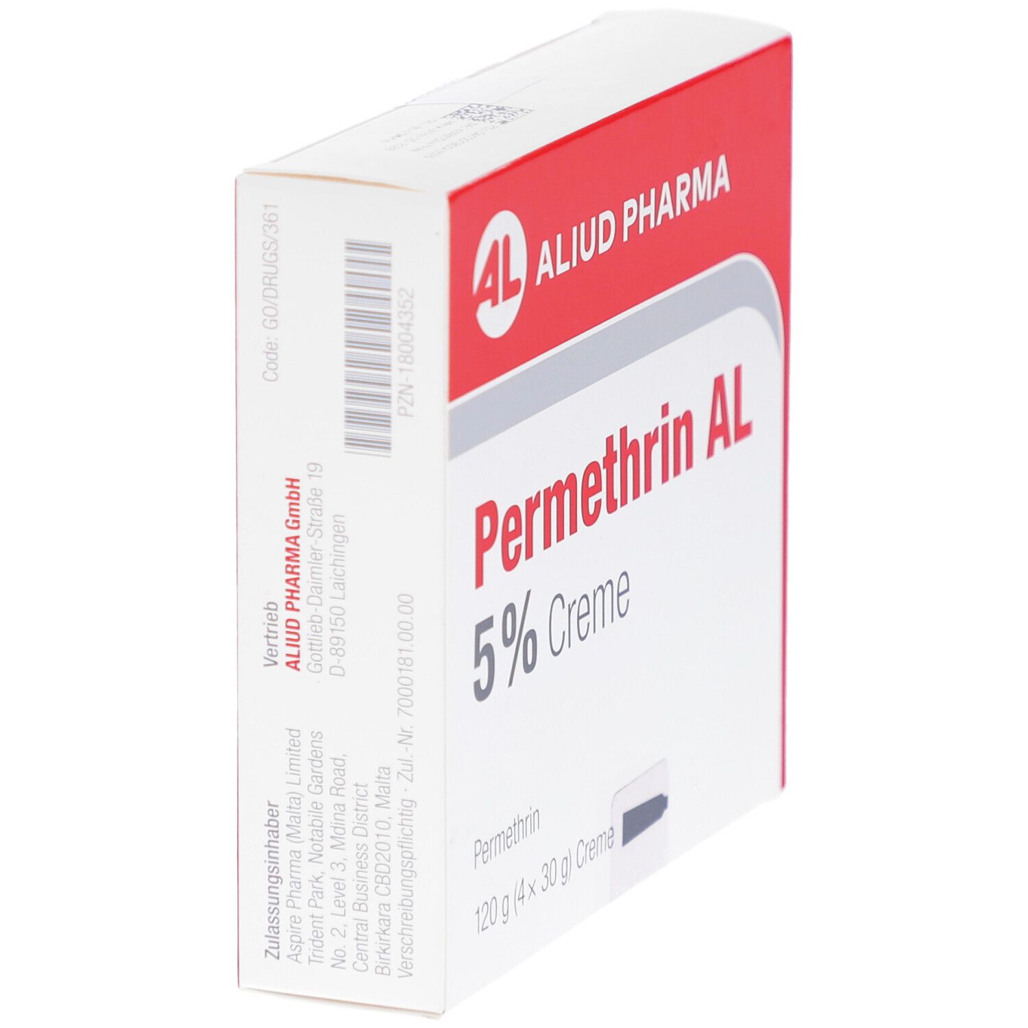 Schachtel, weiß mit rotem Streifen. Aufschrift: Permethrin AL 5% Creme. Marke: AL, Aliud Pharma. Enthält 120g Creme. Seitenansicht.