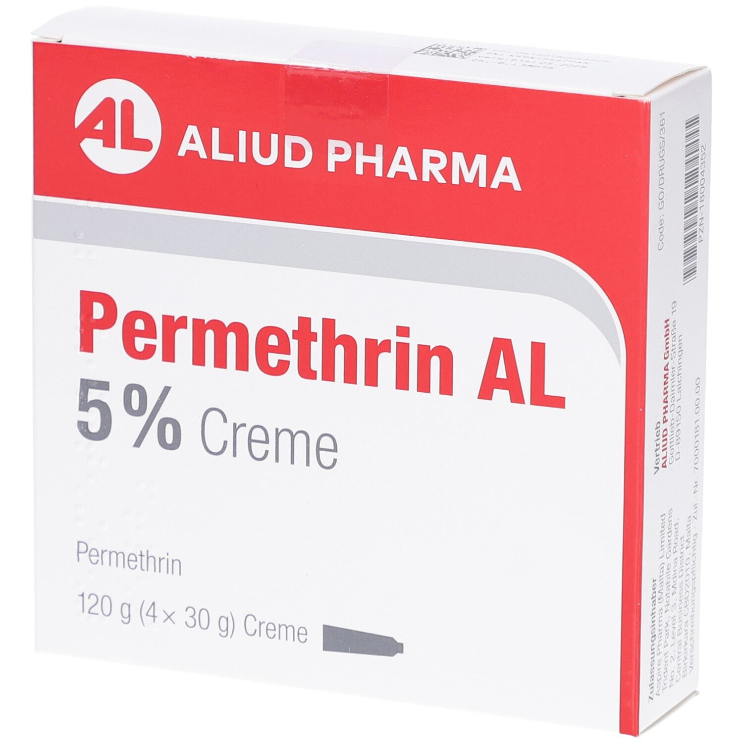 Weiße Schachtel mit rotem Streifen. Aufschrift: Permethrin AL 5% Creme. Marke: AL, Aliud Pharma. Enthält 120g Creme.