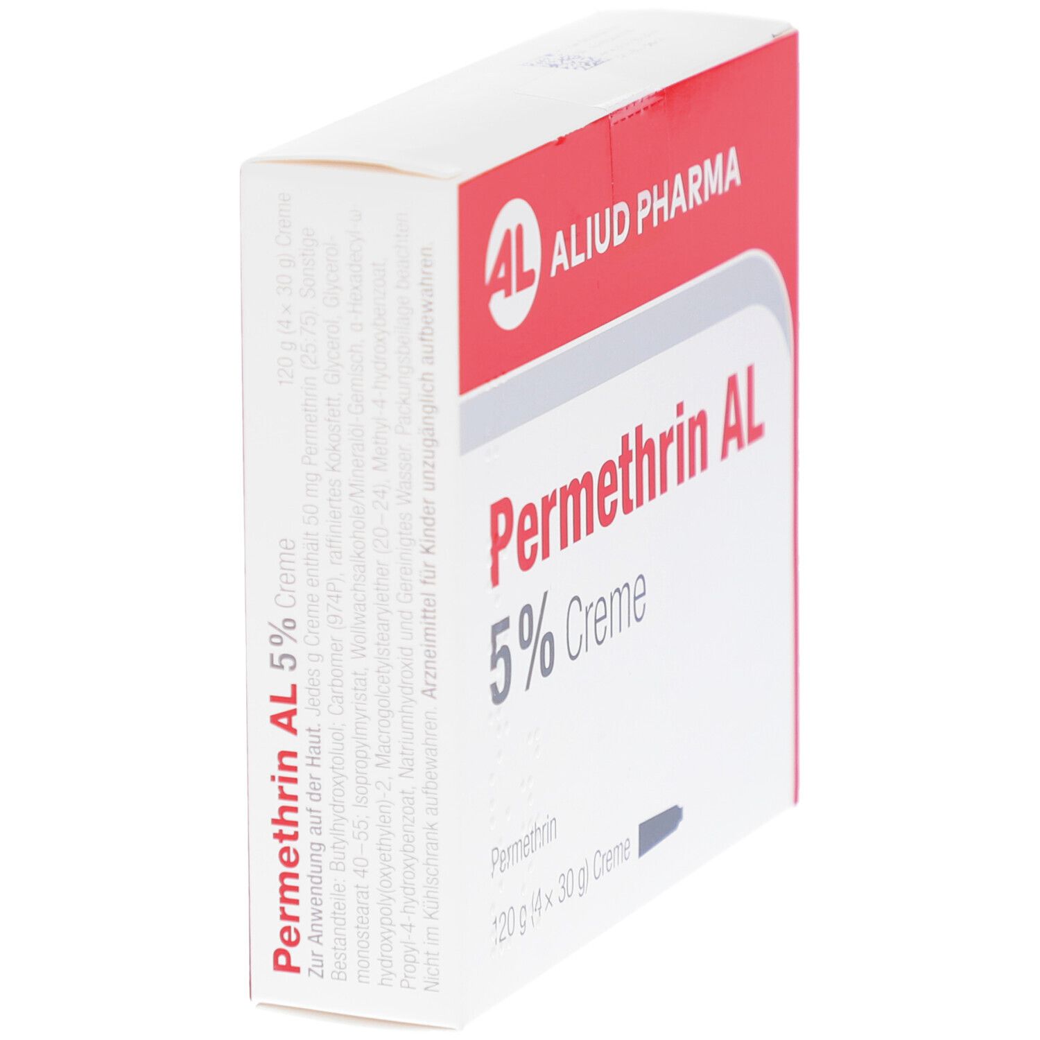 Schachtel, weiß mit rotem Streifen. Aufschrift: Permethrin AL 5% Creme. Marke: AL, Aliud Pharma. Enthält 120g Creme. Seitenansicht.
