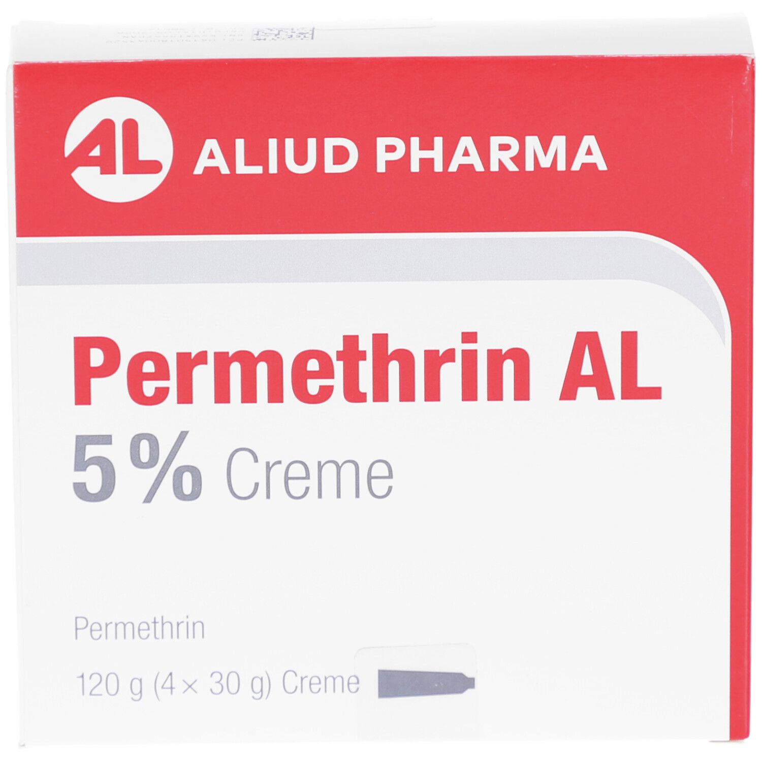 Weiße Schachtel mit rotem Streifen. Aufschrift: Permethrin AL 5% Creme. Marke: AL, Aliud Pharma. Enthält 120g Creme.