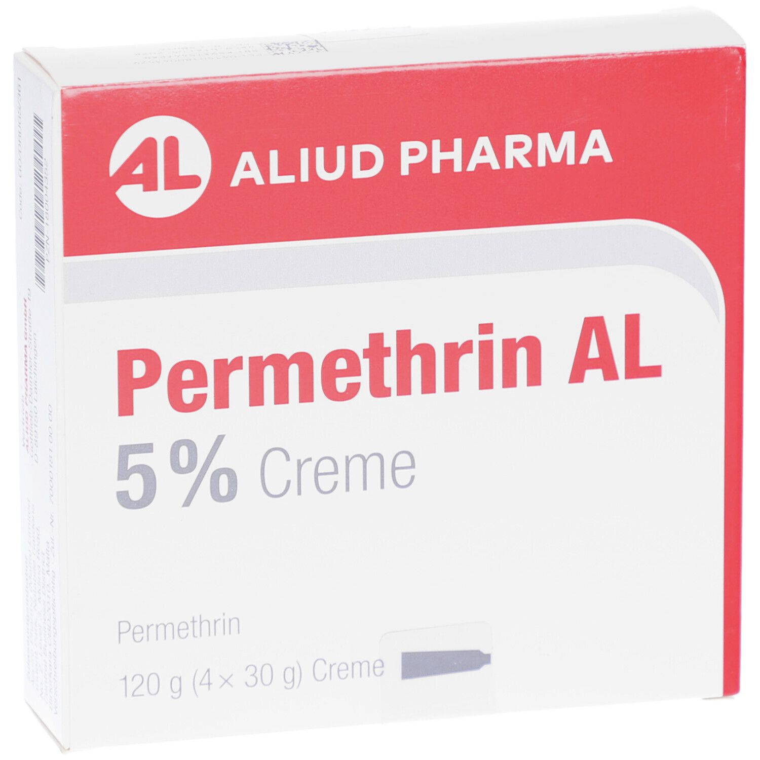 Weiße Schachtel mit rotem Streifen. Aufschrift: Permethrin AL 5% Creme. Marke: AL, Aliud Pharma. Enthält 120g Creme.