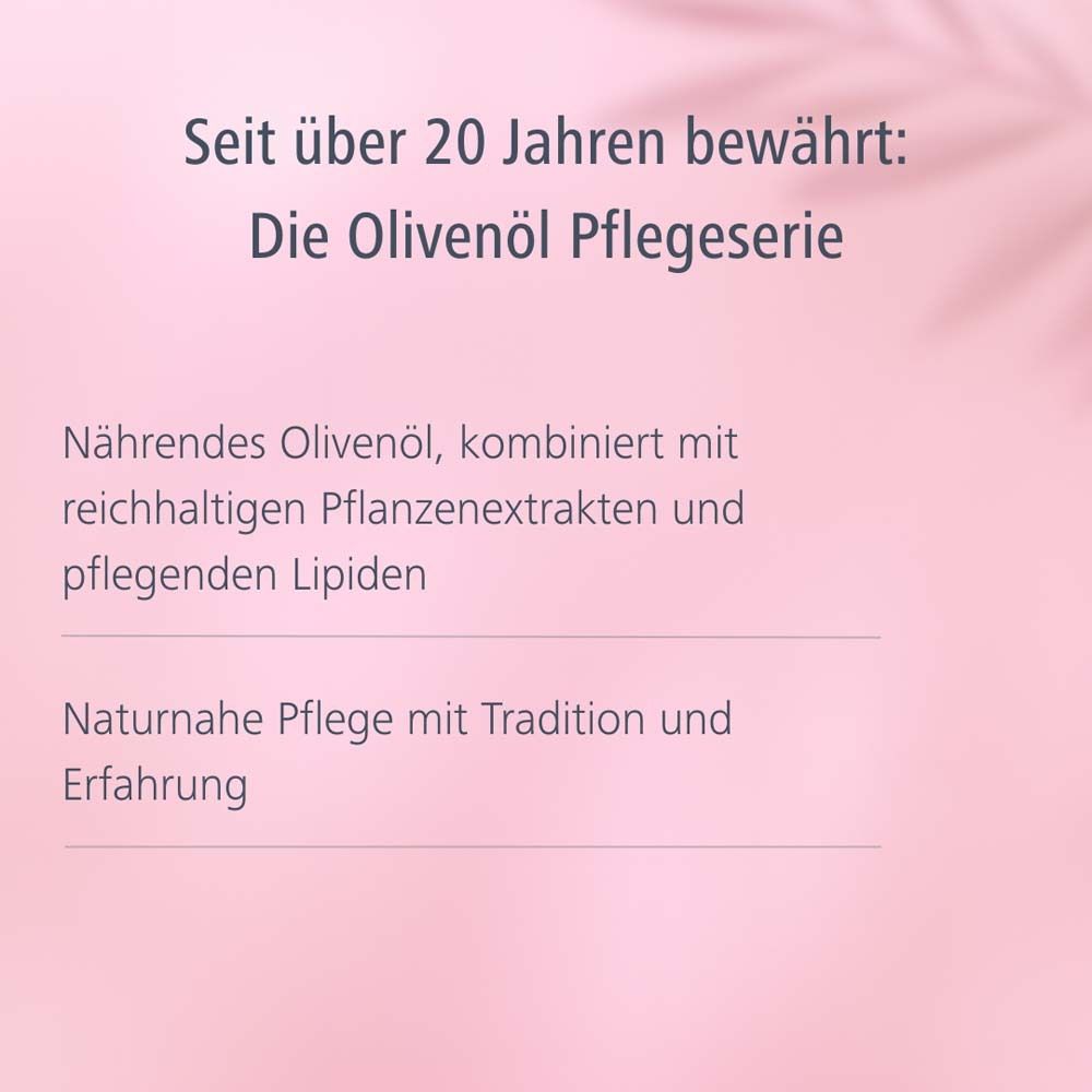 Text auf rosa Hintergrund. Text: Die Olivenöl Pflegeserie. Logo: medipharma cosmetics.