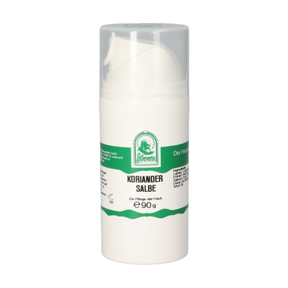 Weiße Tube mit Dosierkopf und transparentem Deckel. Beschriftung: Koriander Salbe, Logo, Inhaltsstoffe.