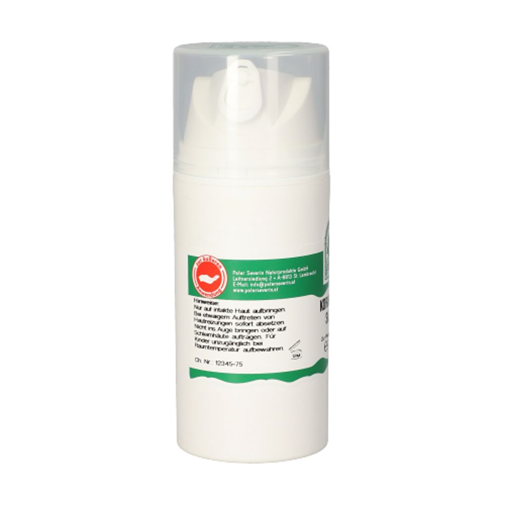 Weiße Tube mit Dosierkopf und transparentem Deckel. Beschriftung und Logo auf grünem Hintergrund.