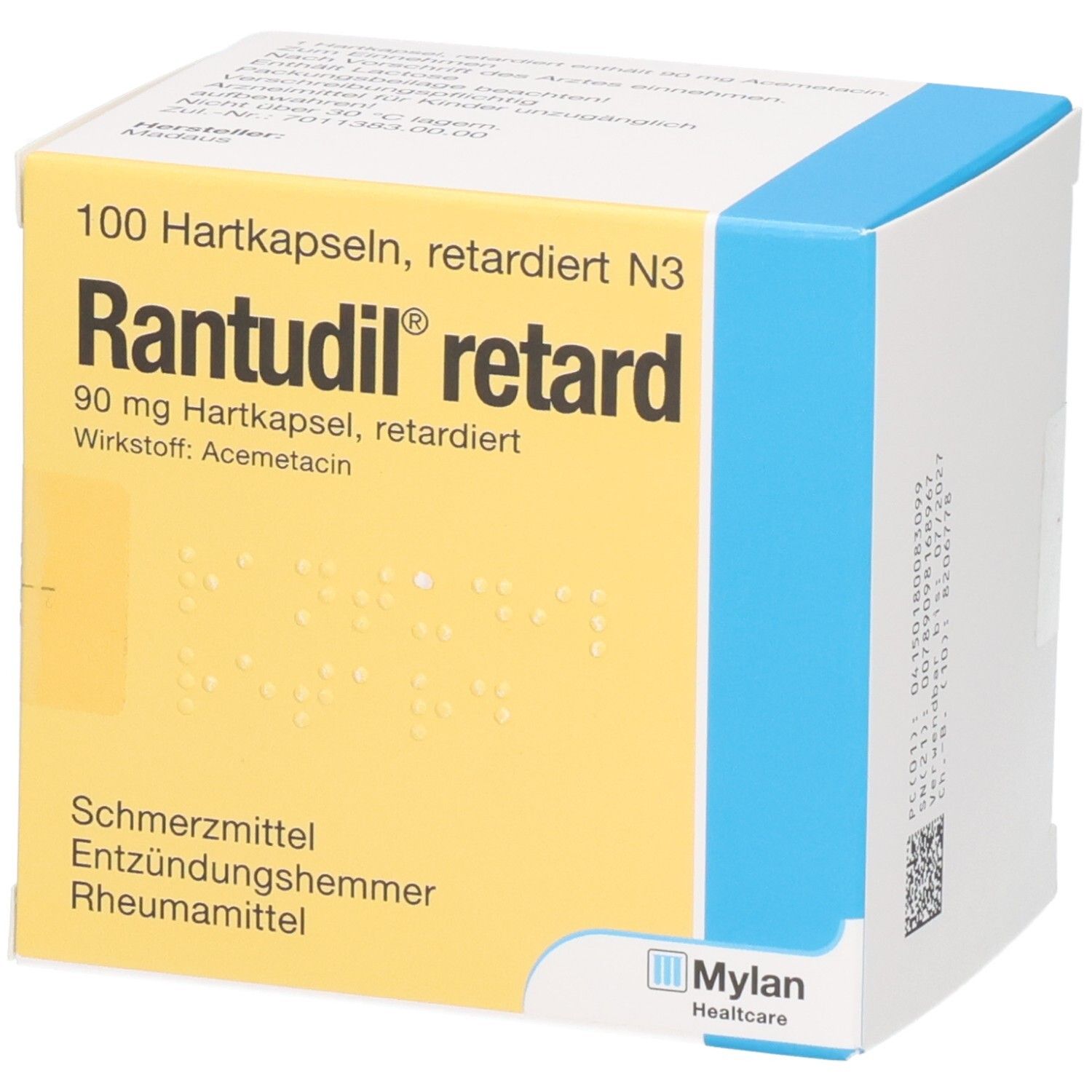 Rantudil retard Kapseln: Gelbe Faltschachtel mit blauen Akzenten, 100 Hartkapseln, 90 mg Acemetacin.