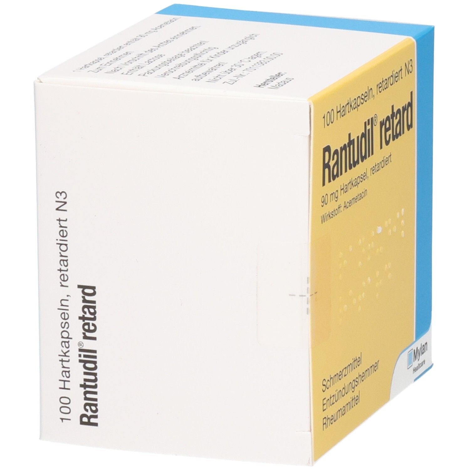 Rantudil retard Kapseln: Weiße Seitenansicht der Faltschachtel mit aufgedrucktem Produktnamen.