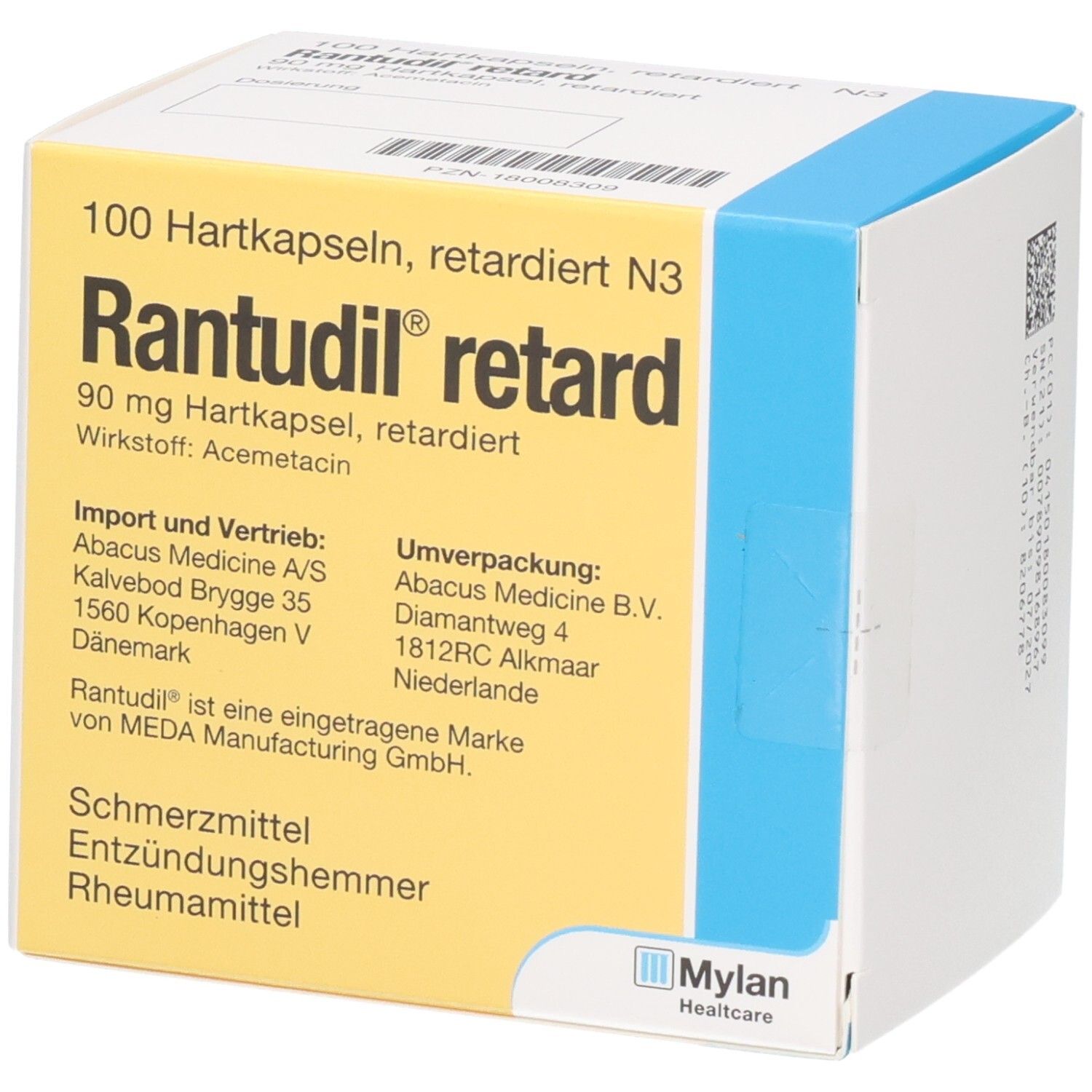 Rantudil retard Kapseln: Gelbe Vorderseite mit Details zu Importeur und Umverpackung, 100 Hartkapseln.