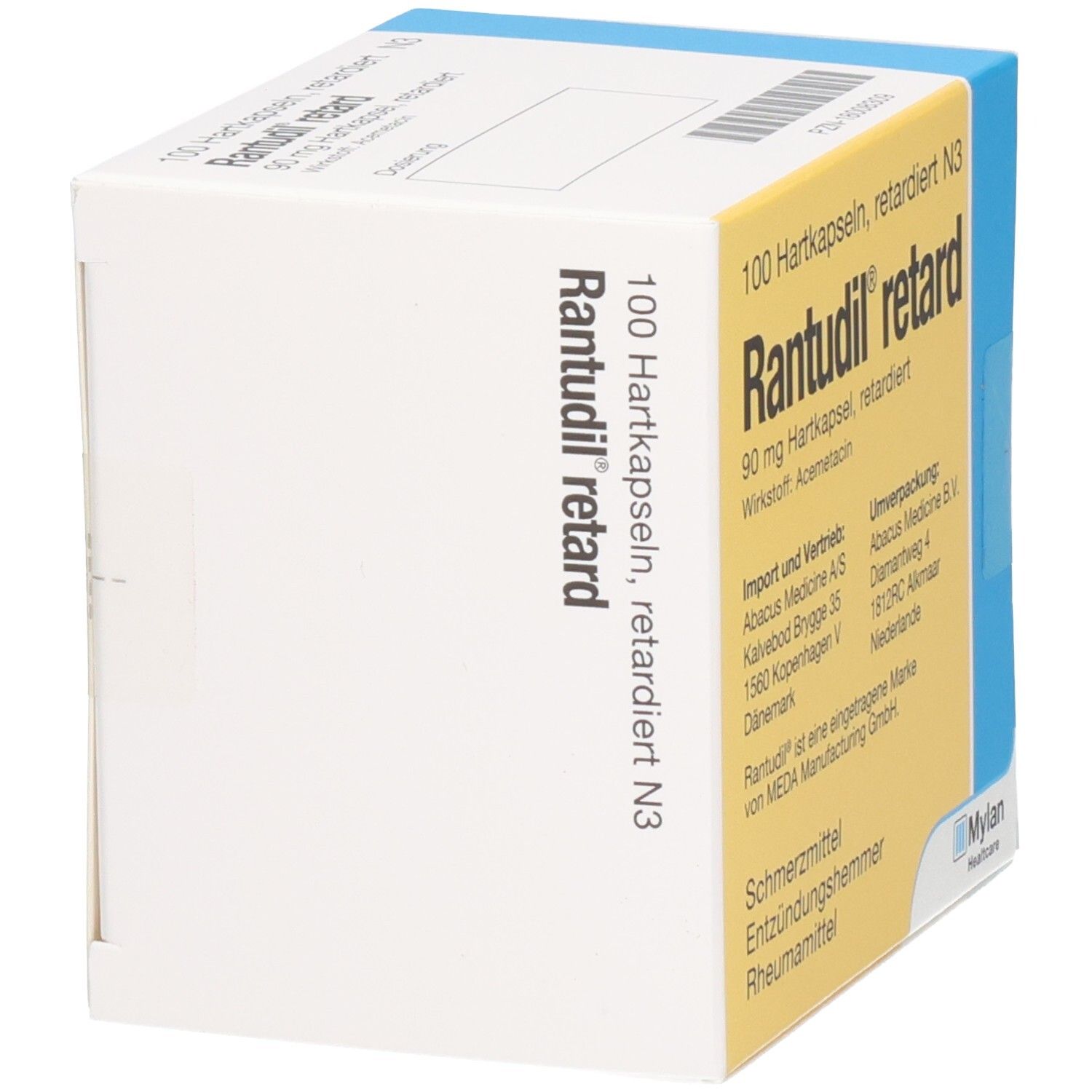 Rantudil retard Kapseln: Seitenansicht der Faltschachtel mit aufgedrucktem Produktnamen und Chargennummer.