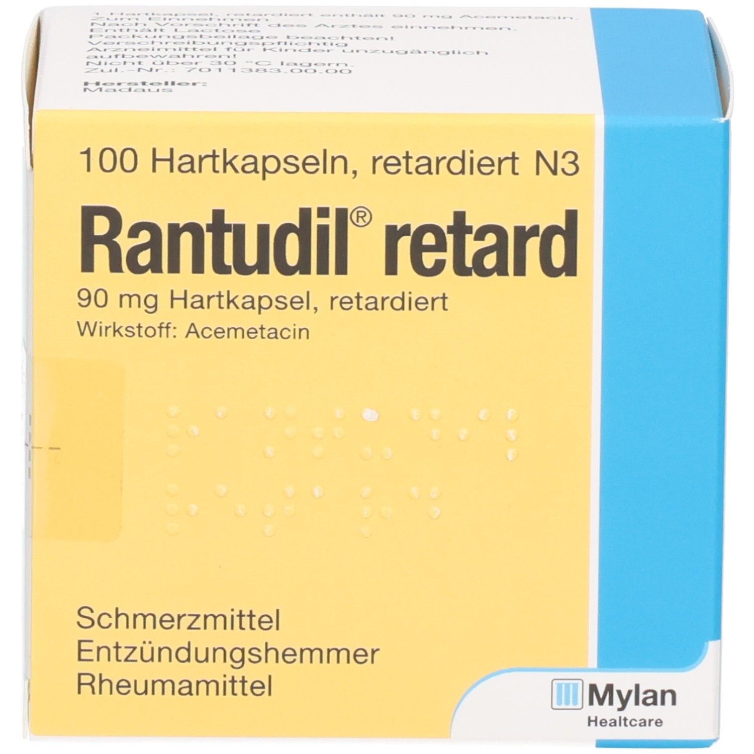 Rantudil retard Kapseln: Gelbe Vorderseite mit Brailleschrift, Schmerzmittel, Entzündungshemmer.