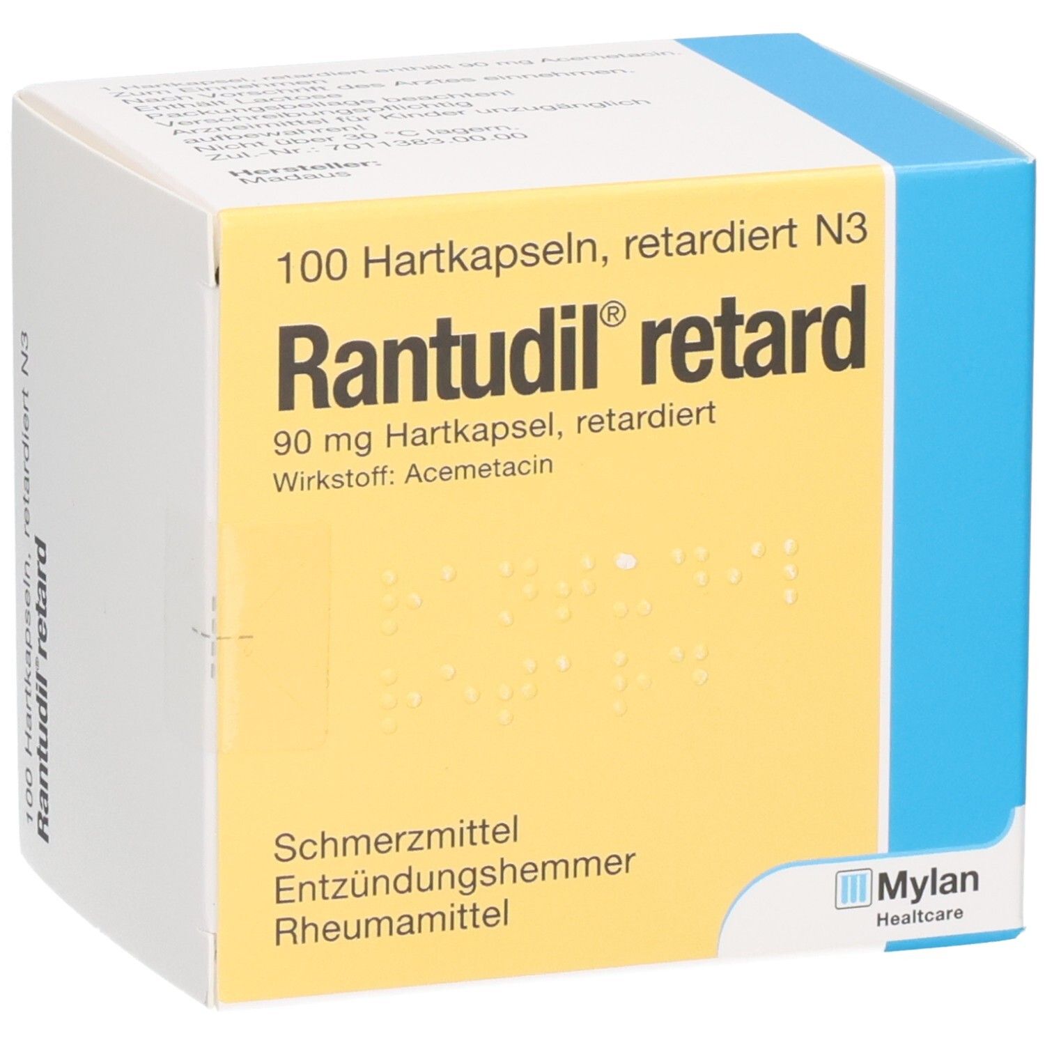 Rantudil retard Kapseln: Gelbe Vorderseite mit Brailleschrift und Mylan Healthcare Logo.