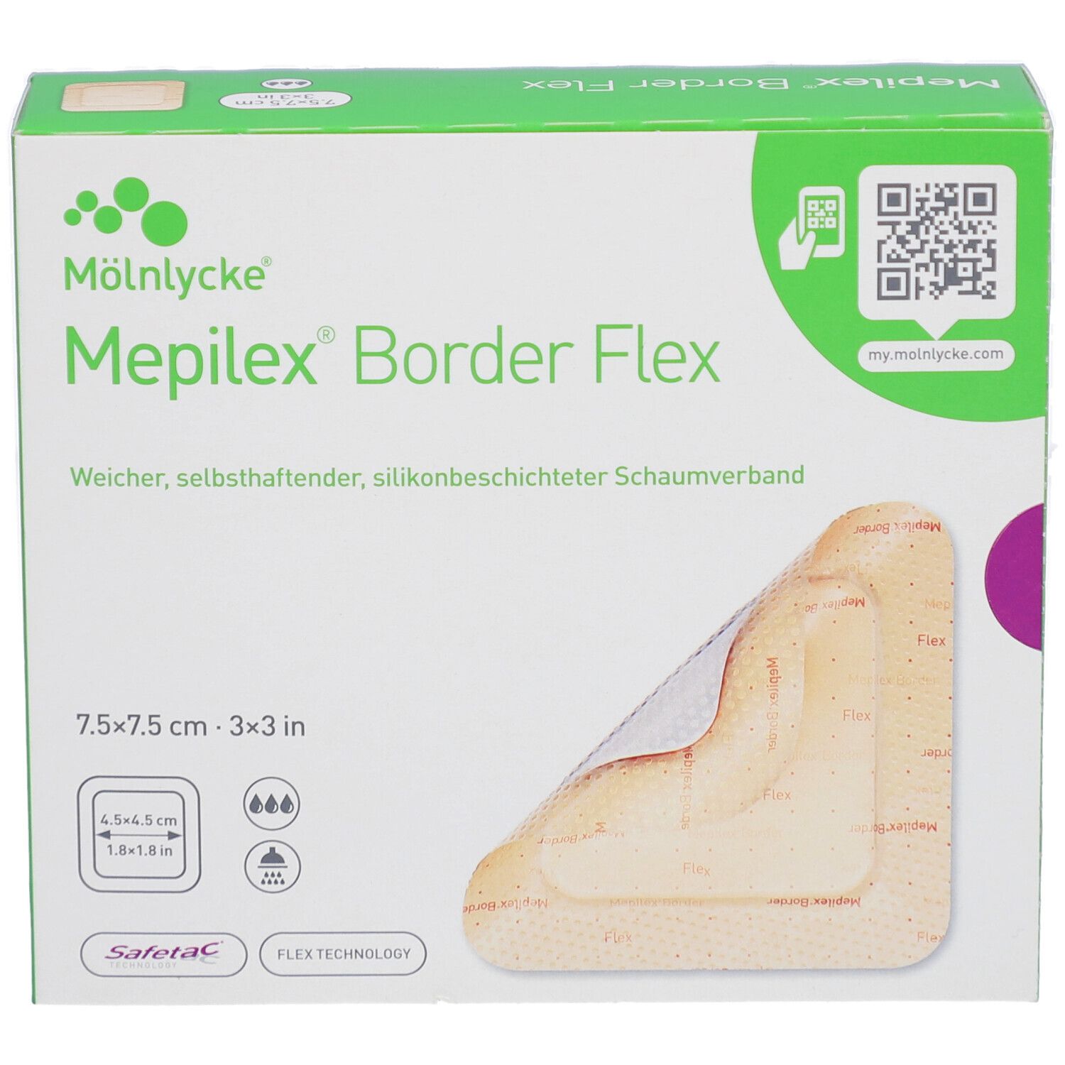 Verpackung von Mepilex® Border Flex. Aufschrift: Weicher, selbsthaftender, silikonbeschichteter Schaumverband. Größe: 7,5 x 7,5 cm.