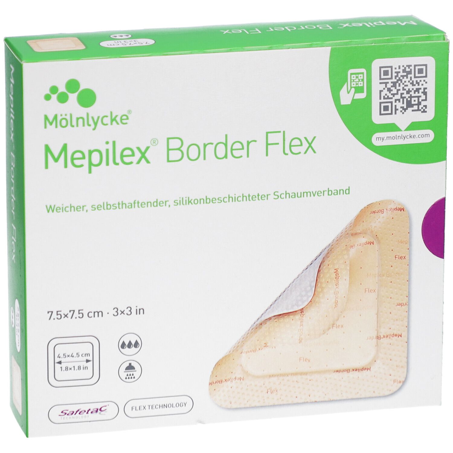Verpackung von Mepilex® Border Flex. Aufschrift: Weicher, selbsthaftender, silikonbeschichteter Schaumverband. Größe: 7,5 x 7,5 cm.
