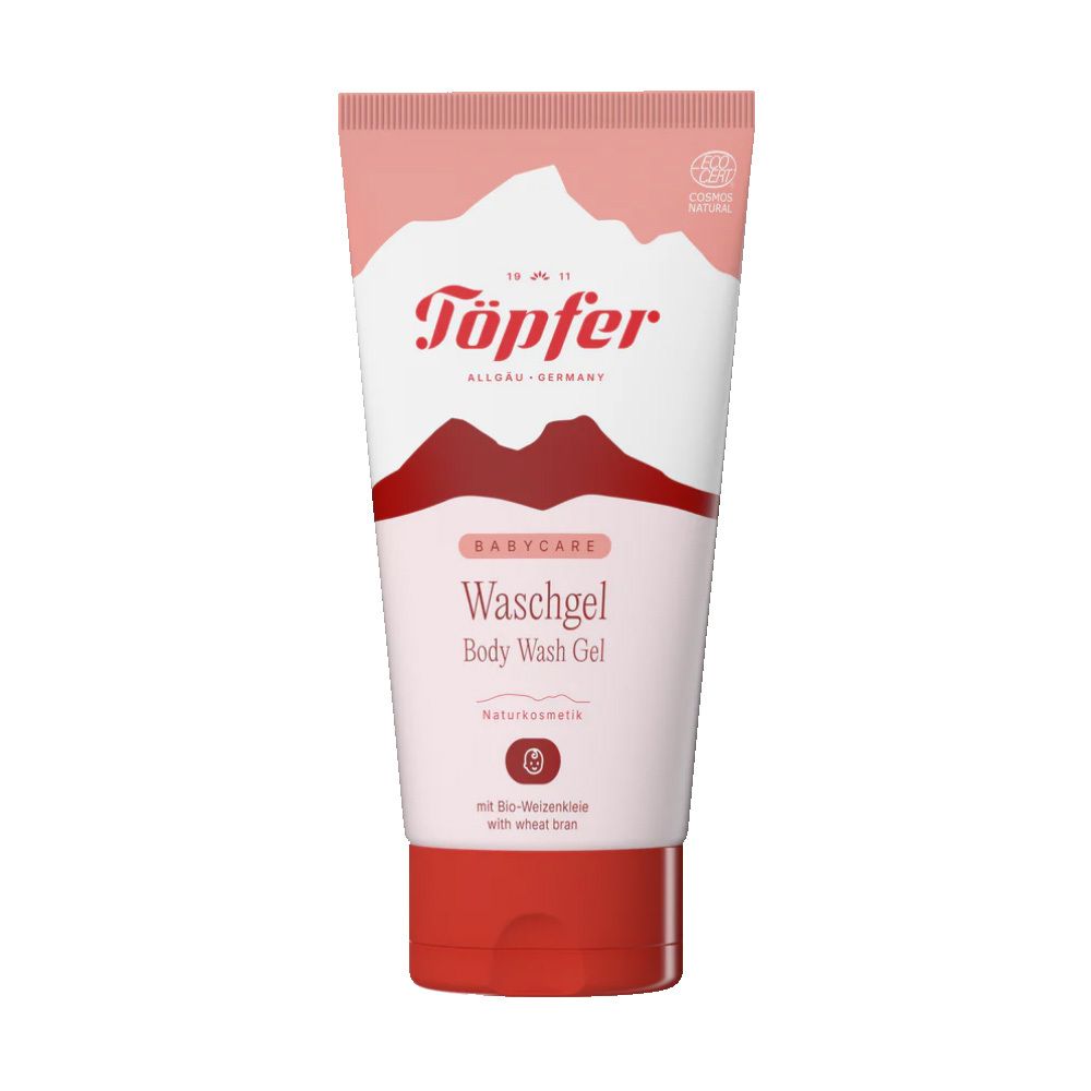 Töpfer Babycare Waschgel für Haut & Haar in einer rosafarbenen Tube mit Bergmotiv und Bio-Siegel.