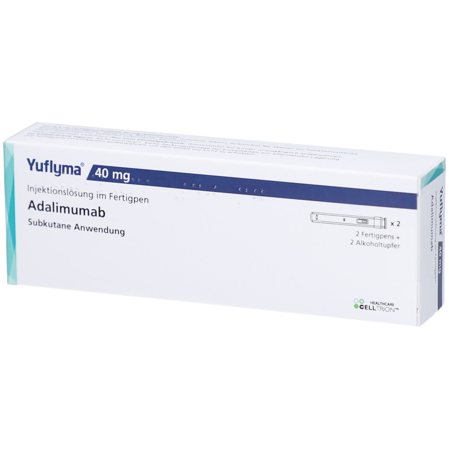 Schachtel Yuflyma 40 mg. Enthält Fertigpens, Alkoholtupfer. Aufschrift: Adalimumab, subkutane Anwendung.