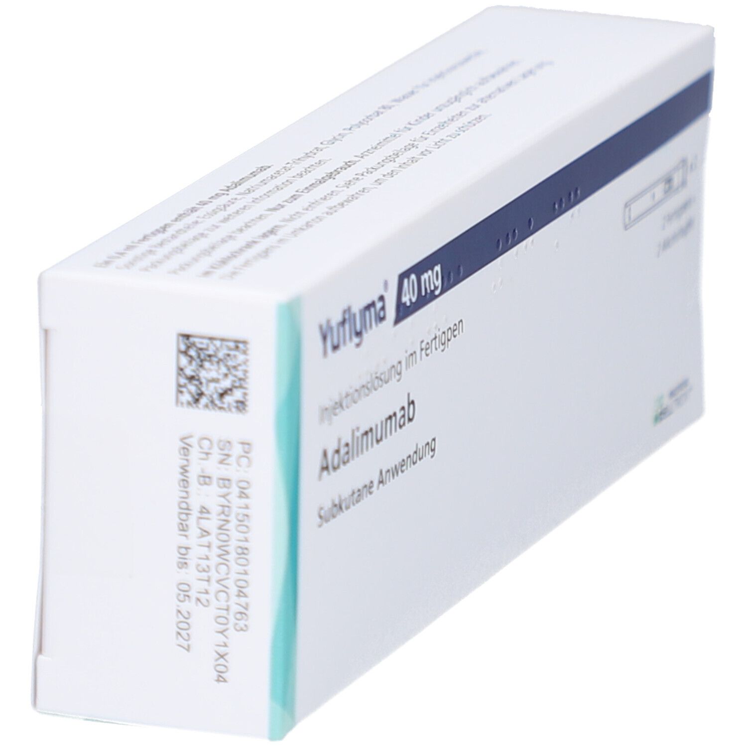 Schachtel Yuflyma 40 mg. Aufschrift: Adalimumab, subkutane Anwendung. QR-Code und Verfallsdatum.