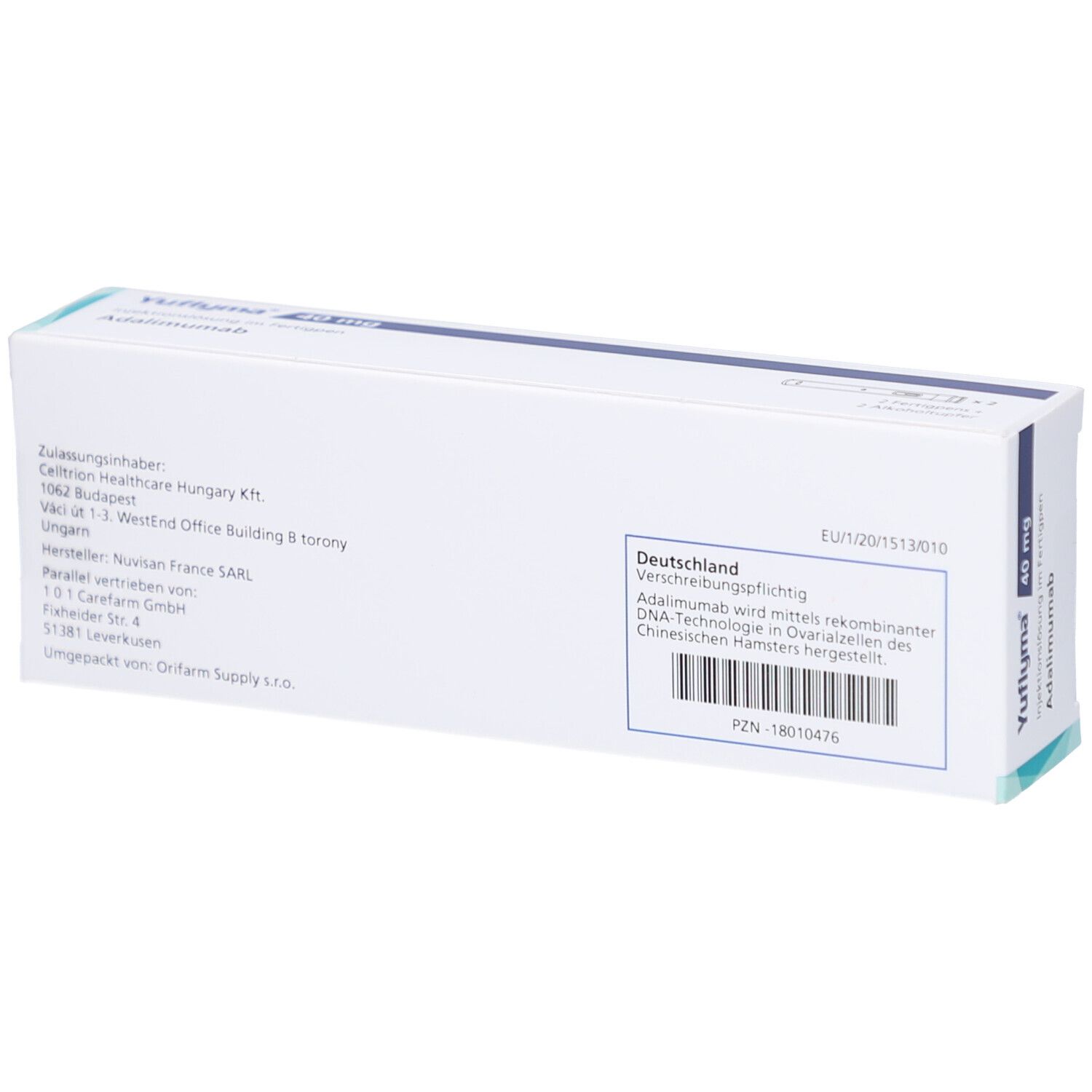 Rückseite der Schachtel Yuflyma 40 mg. Informationen zu Hersteller, Inhaltsstoffen und Chargennummer.