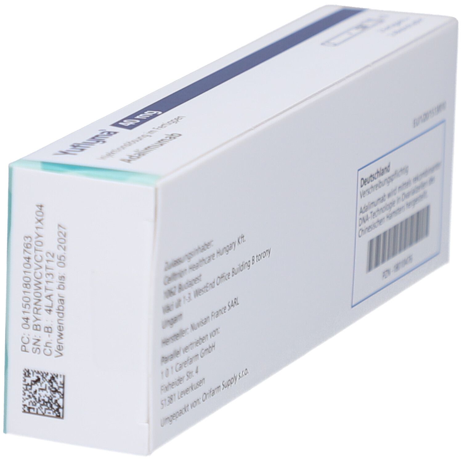 Schachtel Yuflyma 40 mg. Informationen zu Hersteller, Inhaltsstoffen und Chargennummer. QR-Code.