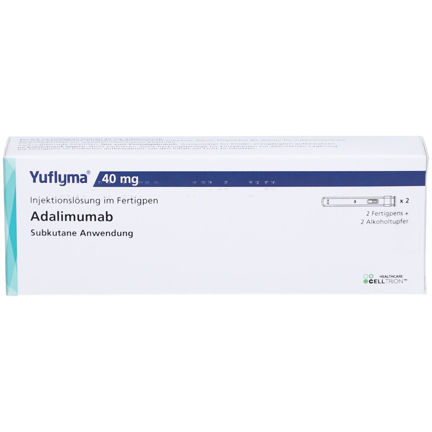 Schachtel Yuflyma 40 mg. Enthält Fertigpens, Alkoholtupfer. Aufschrift: Adalimumab, subkutane Anwendung.