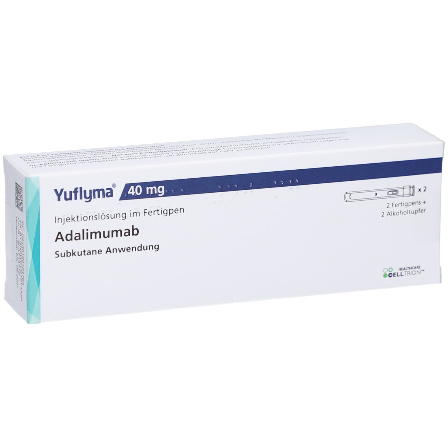Schachtel Yuflyma 40 mg. Enthält Fertigpens, Alkoholtupfer. Aufschrift: Adalimumab, subkutane Anwendung.
