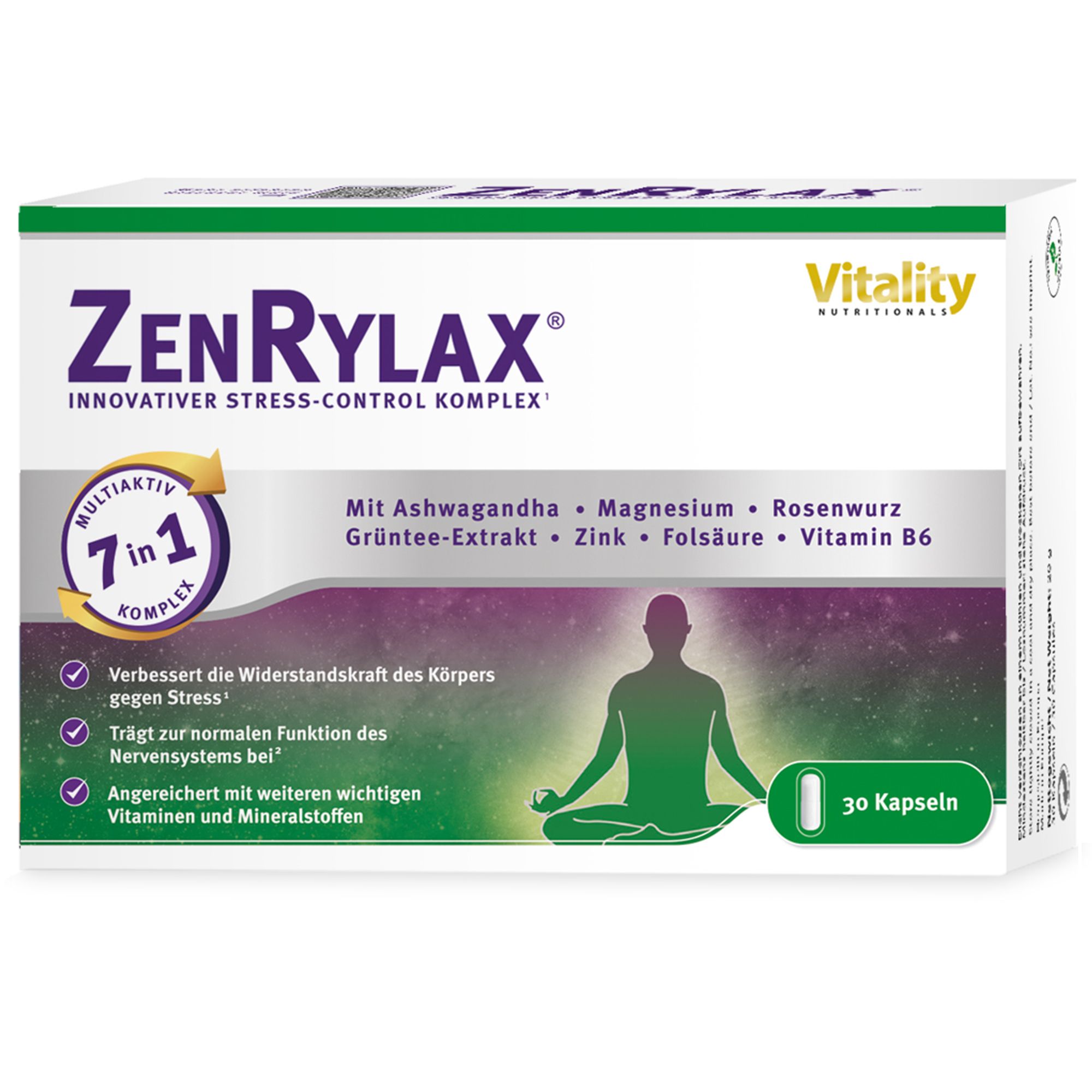 Weiße Schachtel mit ZenRylax-Logo und Inhaltsangaben. Enthält 30 Kapseln. Vitality-Logo.