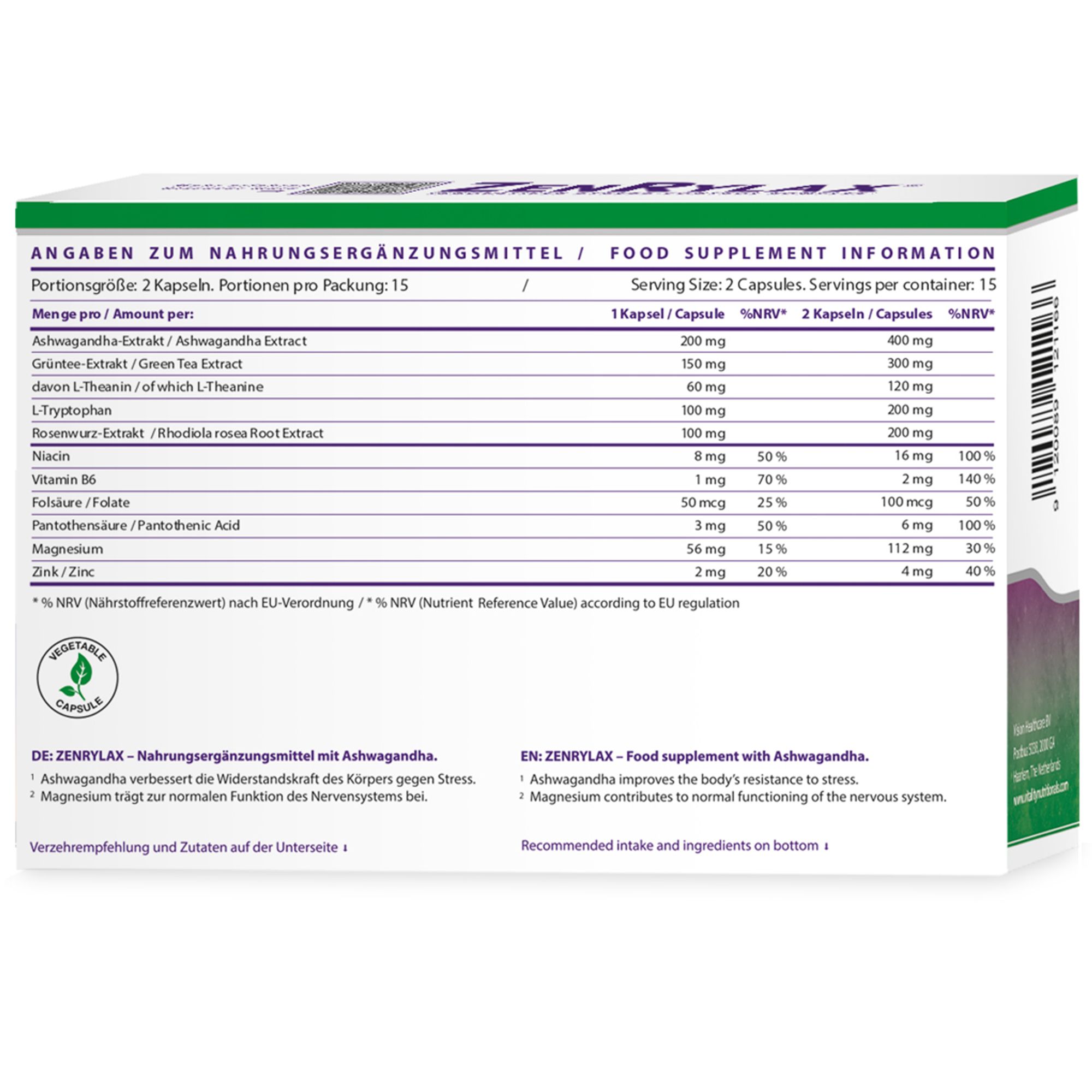 Rückseite der ZenRylax-Verpackung mit Nährwertangaben. Enthält Informationen zu Inhaltsstoffen und Dosierung.