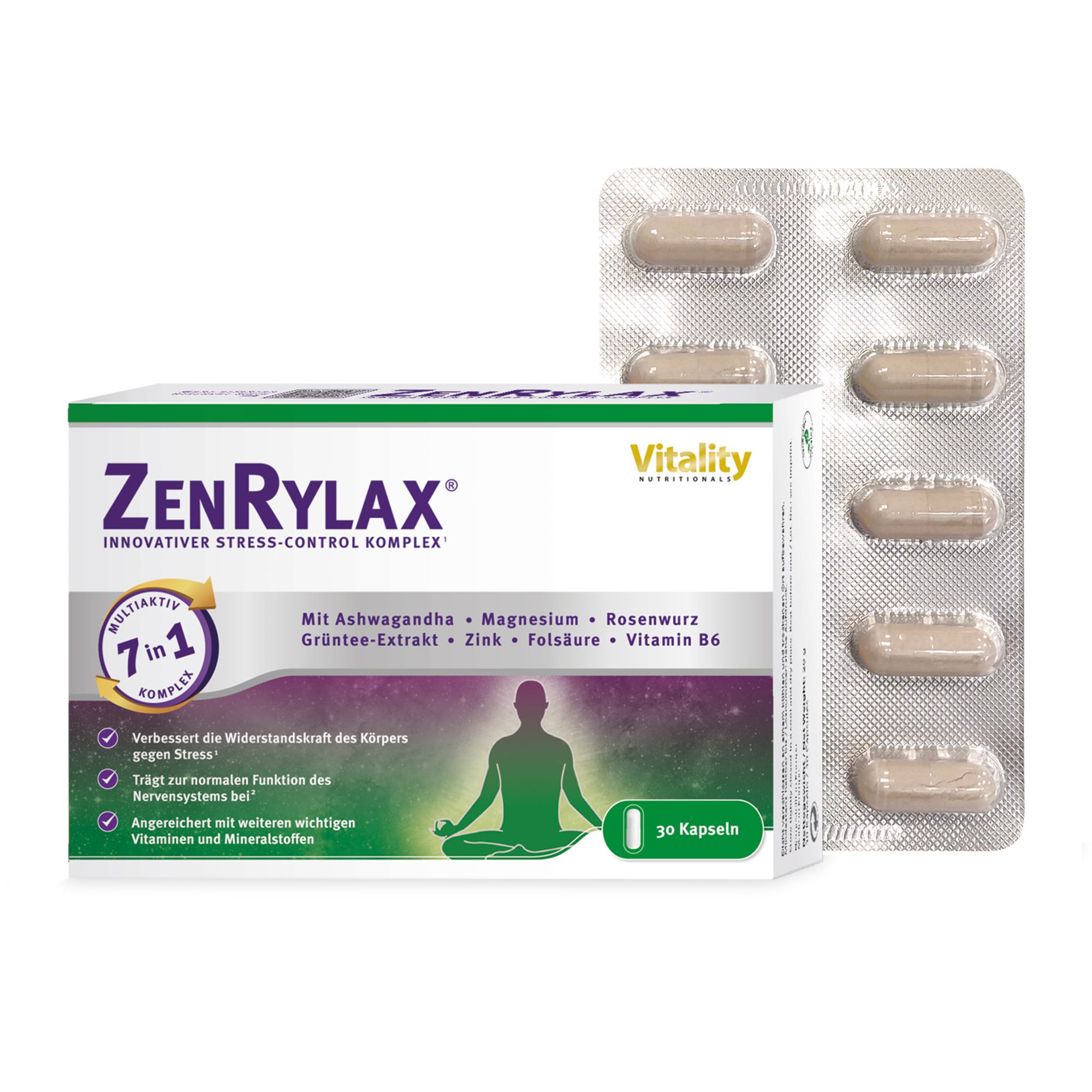 ZenRylax-Verpackung mit Blisterpackung. Enthält Kapseln. Vitality-Logo.