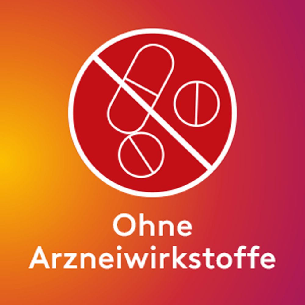 Rundes Symbol mit durchgestrichenen Tabletten. Text: Ohne Arzneiwirkstoffe.