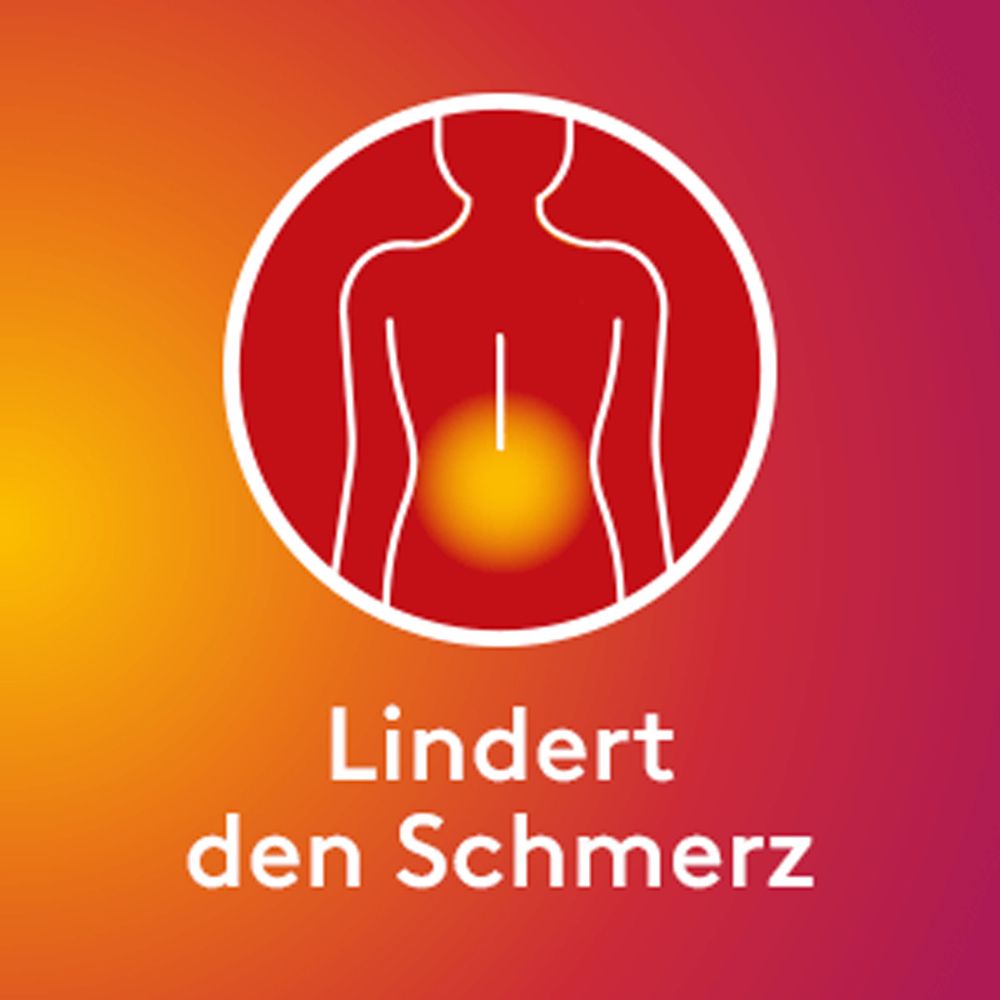 Rundes Symbol mit Rücken-Silhouette. Text: Lindert den Schmerz.