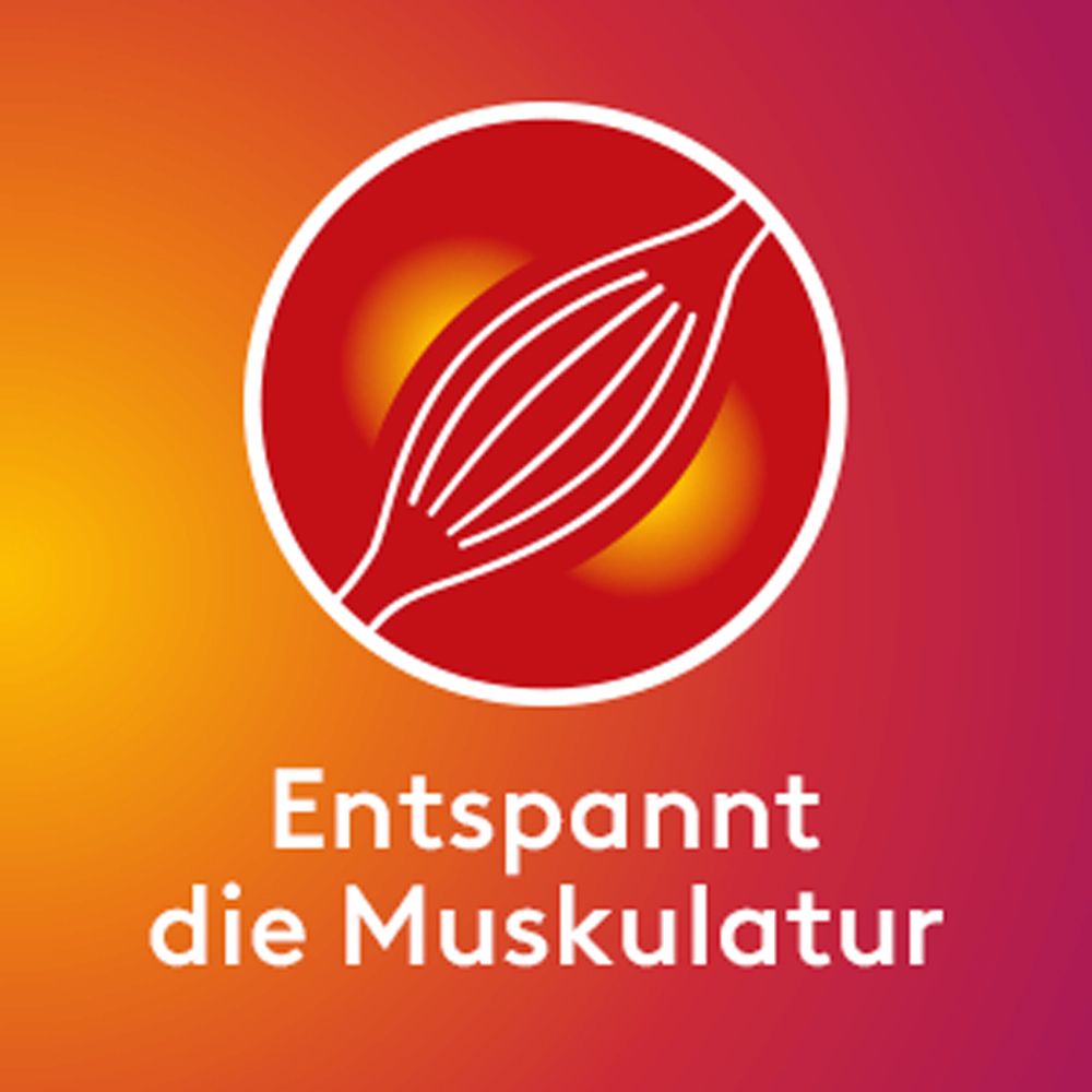 Rundes Symbol mit Muskel-Darstellung. Text: Entspannt die Muskulatur.