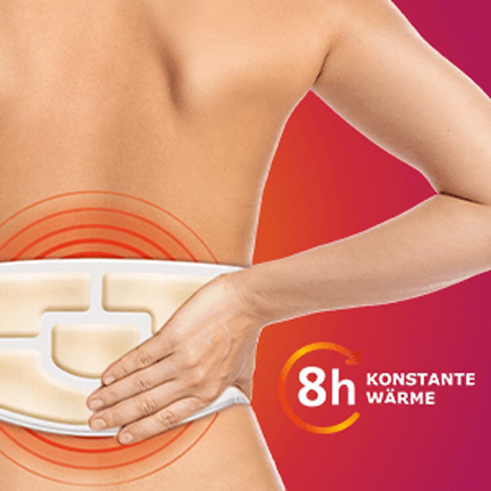 Rücken einer Person mit Wärmegürtel. Text: 8h konstante Wärme.