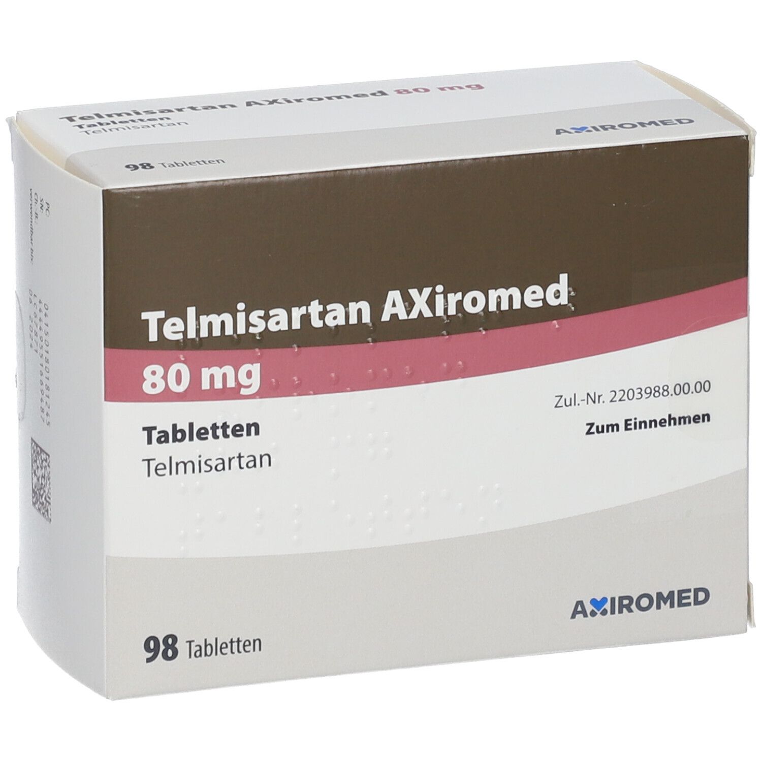 Packung mit 98 Tabletten Telmisartan AXiromed 80 mg.