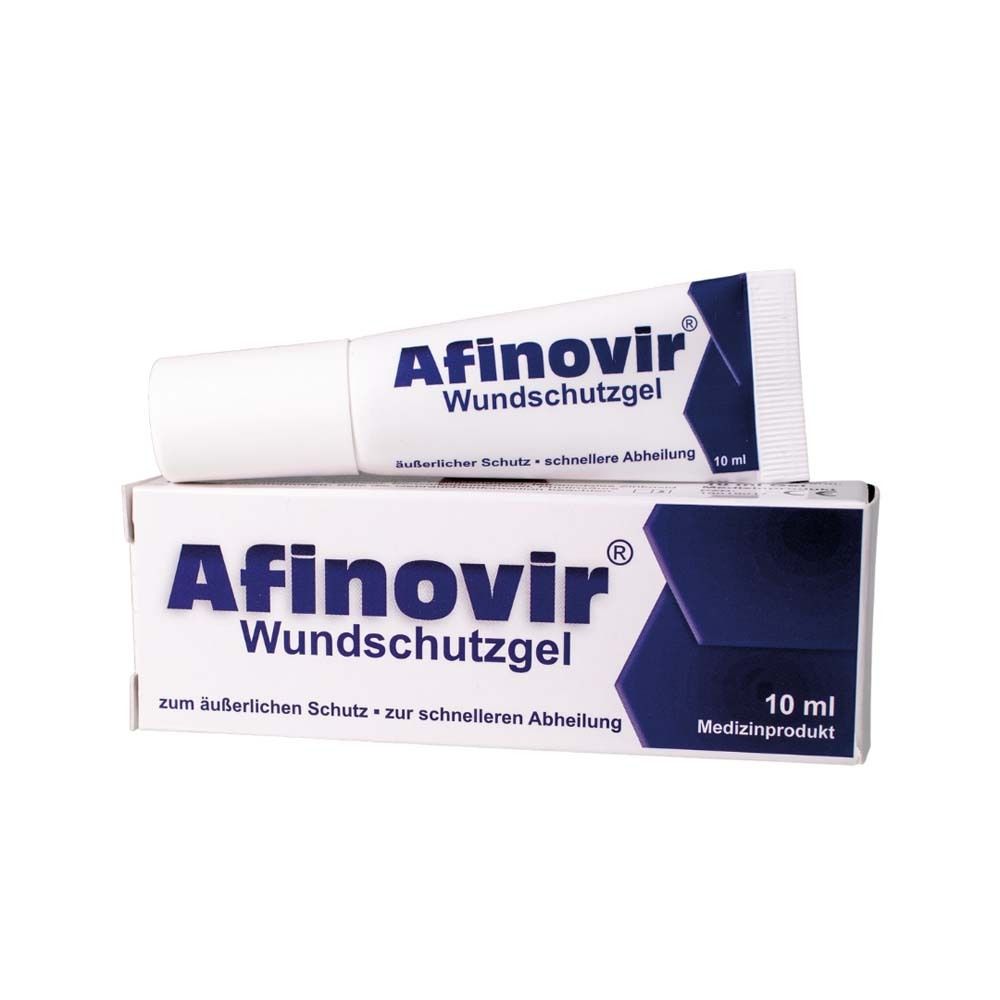 Tube und Schachtel mit Aufschrift Afinovir Wundschutzgel. 10 ml. Medizinprodukt.