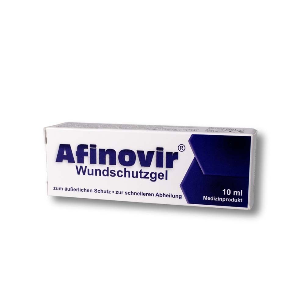 Schachtel mit Aufschrift Afinovir Wundschutzgel. 10 ml. Medizinprodukt.