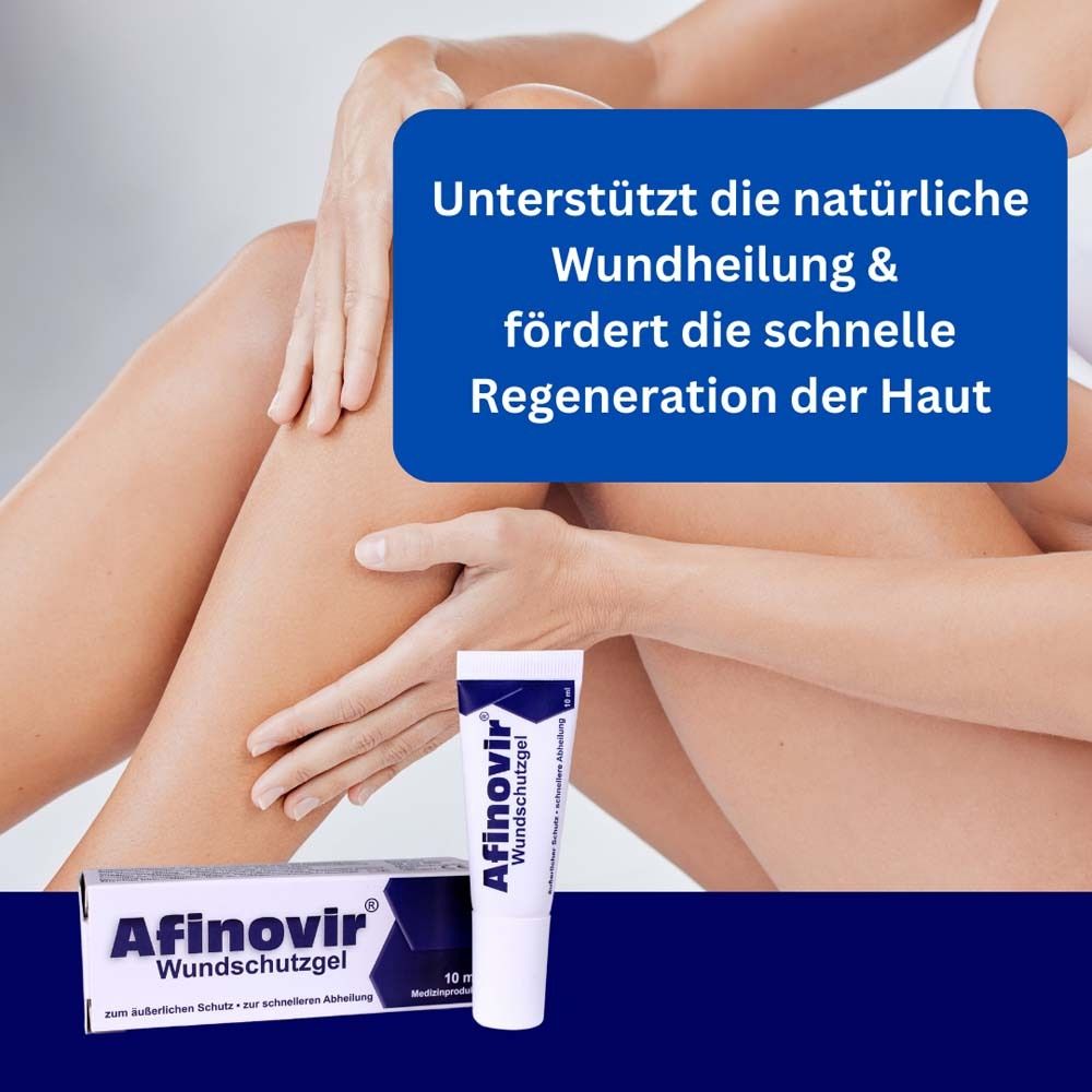 Beine mit Text: Unterstützt die natürliche Wundheilung & fördert die schnelle Regeneration der Haut. Afinovir.