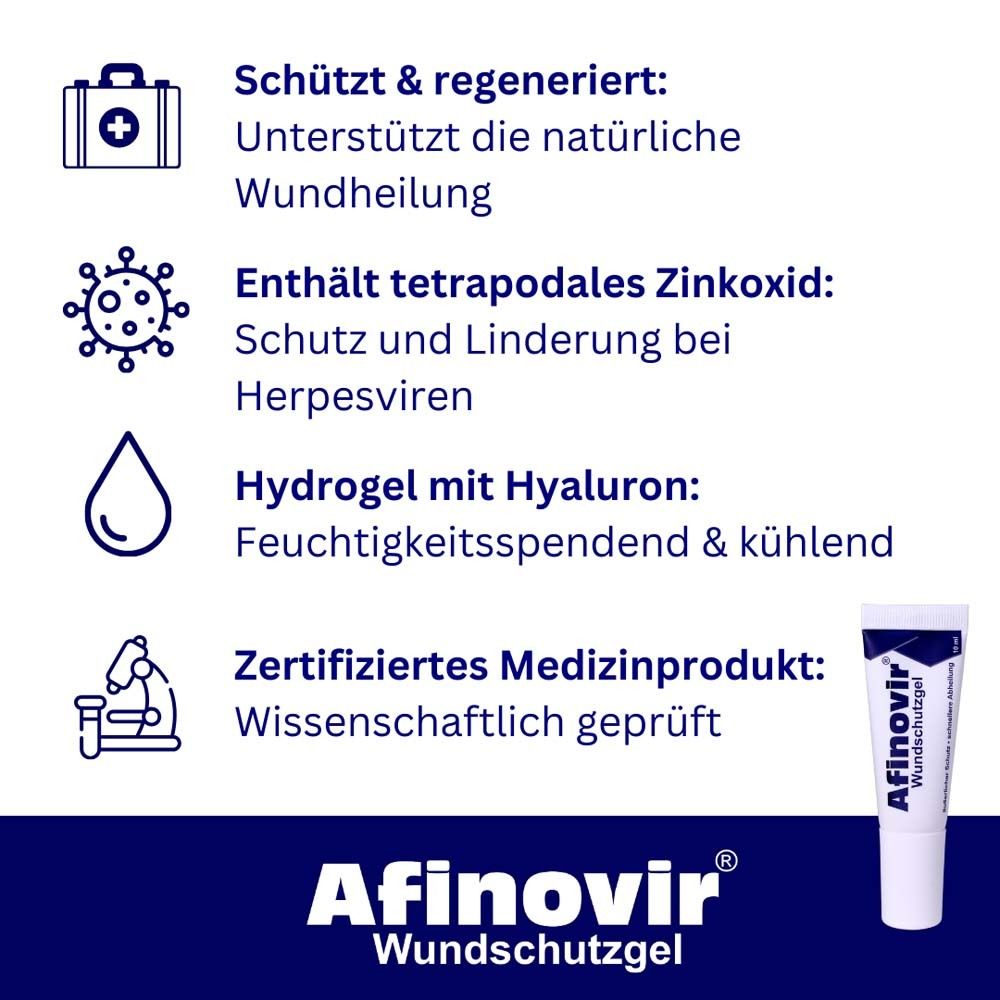 Text mit Icons: Schützt & regeneriert. Enthält tetrapodales Zinkoxid. Hydrogel mit Hyaluron. Afinovir.