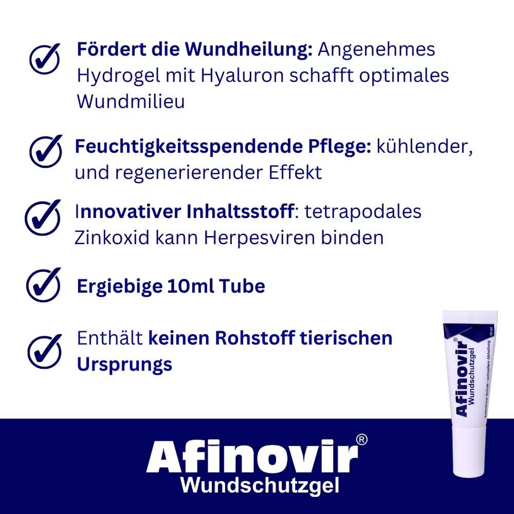 Text mit Icons: Fördert die Wundheilung. Feuchtigkeitsspendende Pflege. Innovativer Inhaltsstoff. Afinovir.