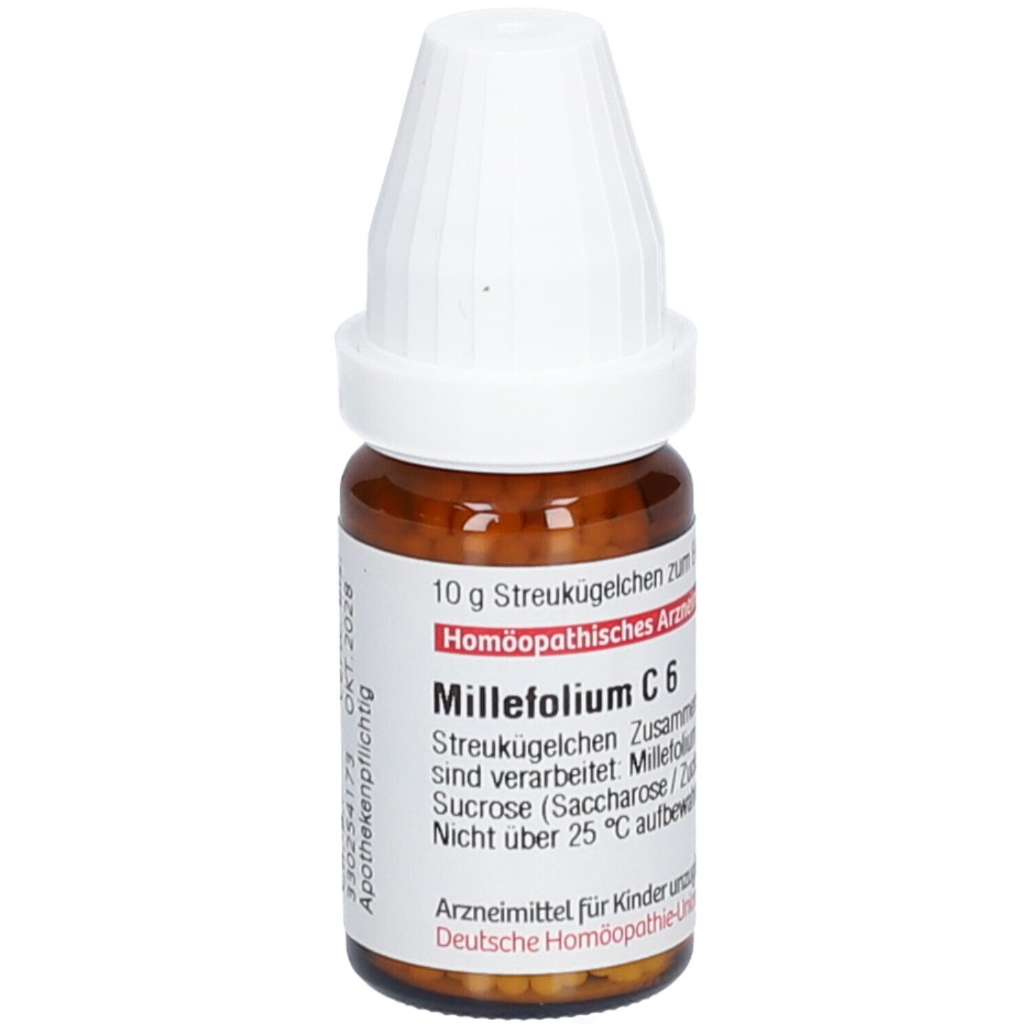 Braune Glasflasche mit weißem Deckel und Etikett. Aufschrift: Millefolium C6, 10 g Streukügelchen.