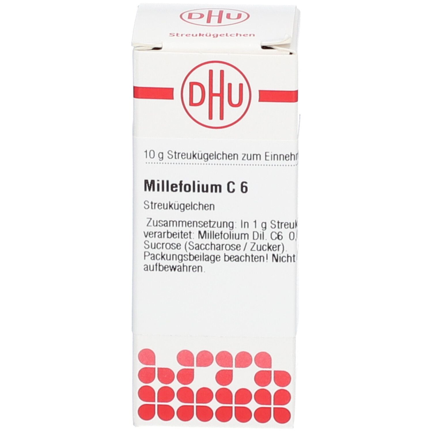 Weiße Schachtel mit rotem Logo und Text. Aufschrift: Millefolium C6, 10 g Streukügelchen.