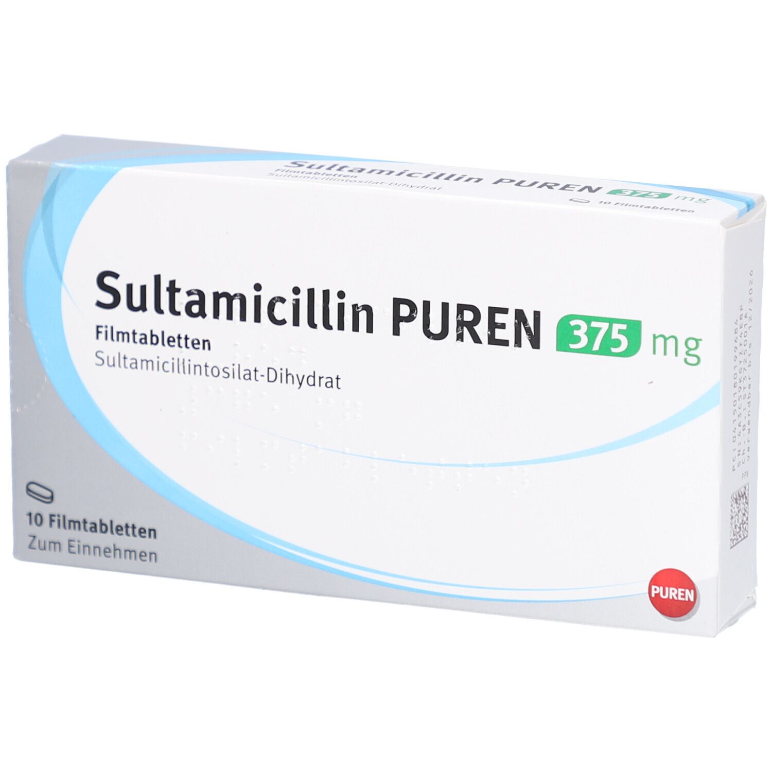 Schachtel mit SULTAMICILLIN PUREN 375 mg Filmtabletten. Aufschrift: 10 Filmtabletten. PUREN-Logo.