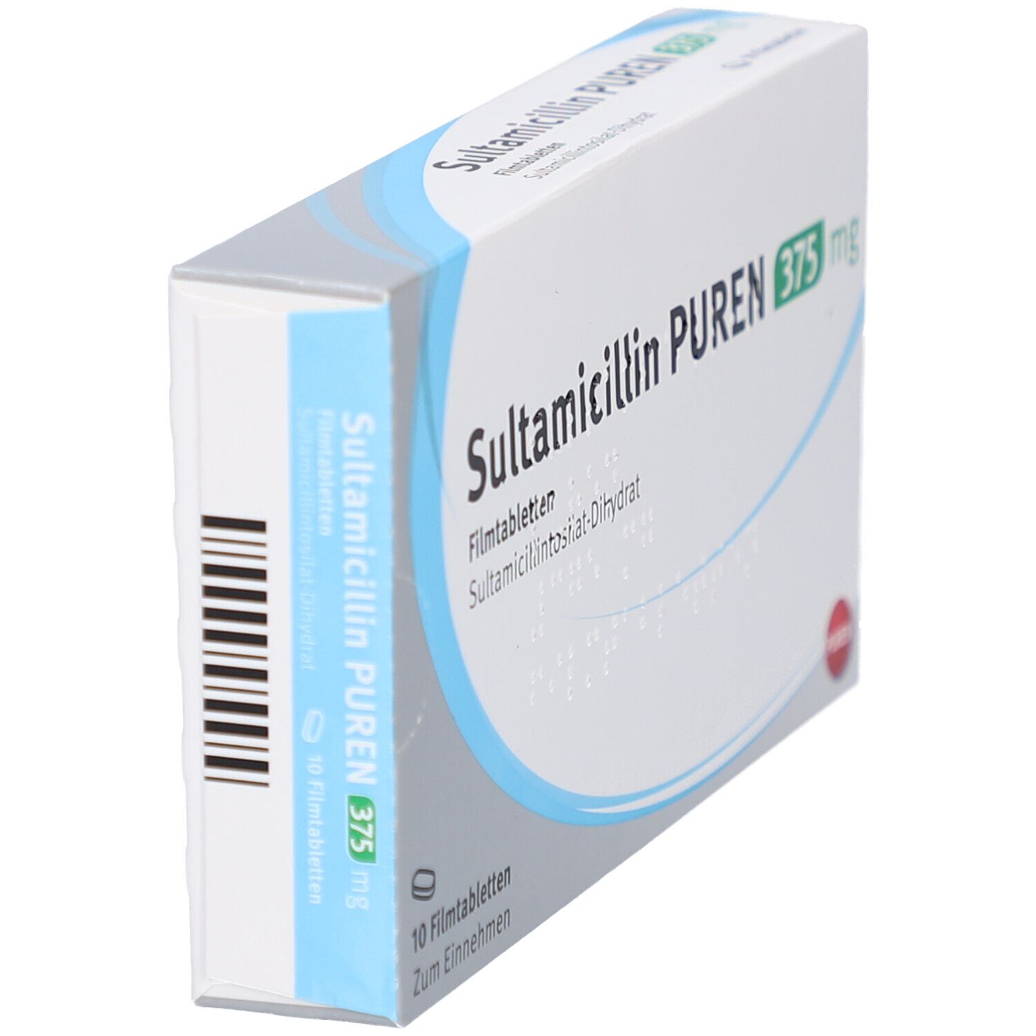 Schachtel SULTAMICILLIN PUREN 375 mg. Blaue und weiße Verpackung. Barcode auf der Seite. PUREN-Logo.