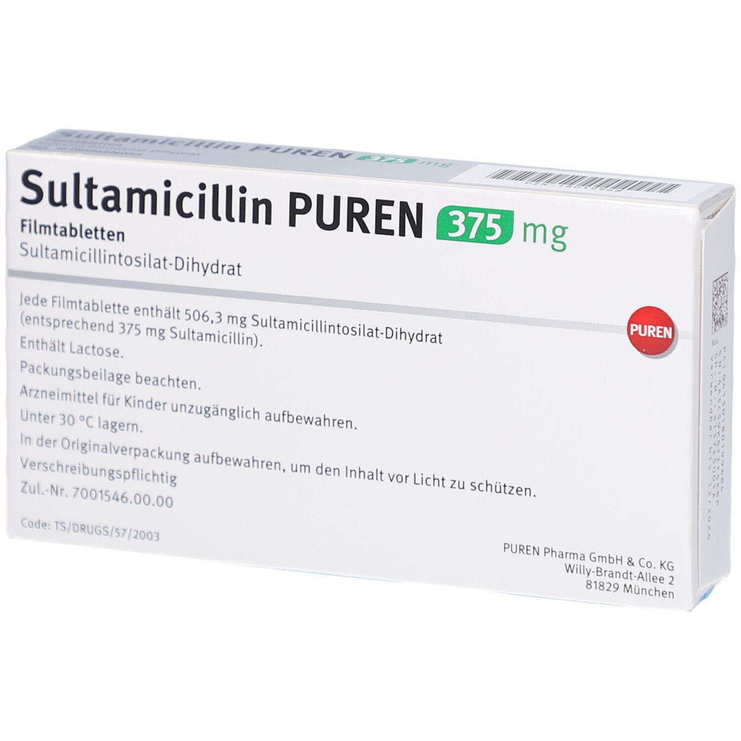 Schachtel SULTAMICILLIN PUREN 375 mg. Text: Filmtabletten, SULTAMICILLIN PUREN 375 mg. PUREN-Logo. Text auf der Rückseite.