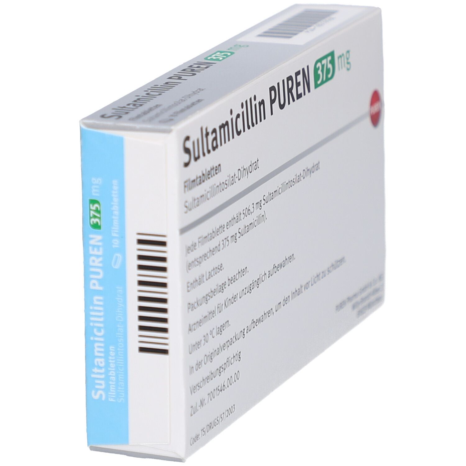 Schachtel SULTAMICILLIN PUREN 375 mg. Blaue und weiße Verpackung. Text: Filmtabletten, SULTAMICILLIN PUREN 375 mg. PUREN-Logo.