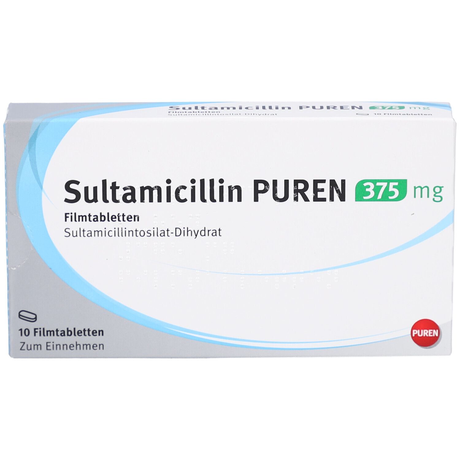 Schachtel SULTAMICILLIN PUREN 375 mg. Aufschrift: 10 Filmtabletten. PUREN-Logo.