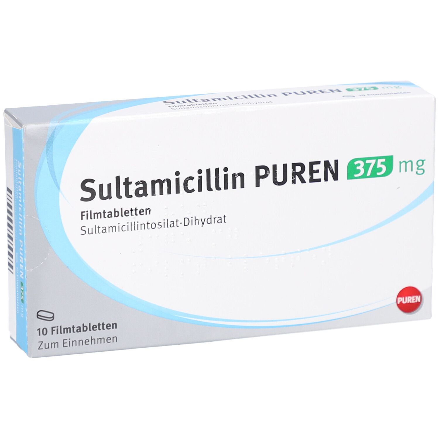 Schachtel SULTAMICILLIN PUREN 375 mg. Aufschrift: 10 Filmtabletten. PUREN-Logo.