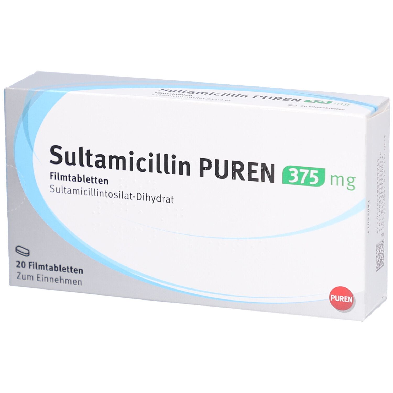 Schachtel mit SULTAMICILLIN PUREN 375 mg Filmtabletten. Enthält 20 Tabletten. Blaue und grüne Akzente auf weißem Hintergrund.