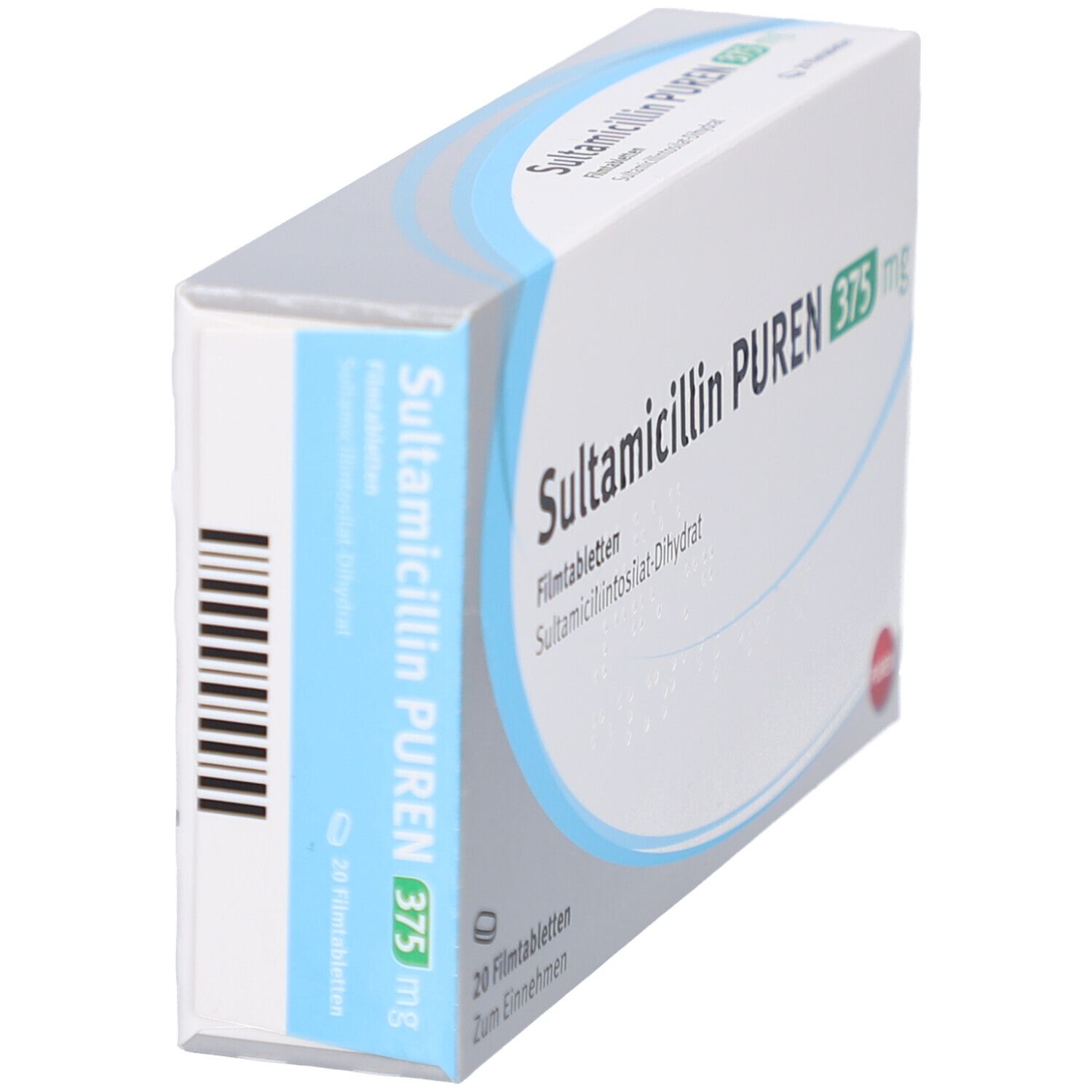 Schachtel SULTAMICILLIN PUREN 375 mg, schräg von oben. Barcode auf der Seite. Blaue und grüne Akzente auf weißem Hintergrund.