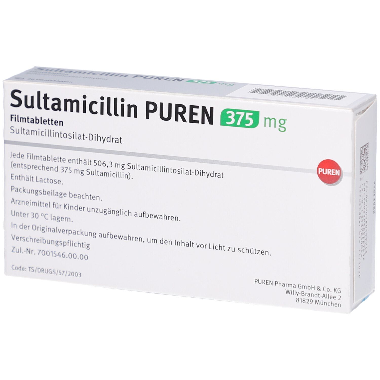 Schachtel SULTAMICILLIN PUREN 375 mg. Textinformationen auf weißem Hintergrund. Logo PUREN rechts unten.