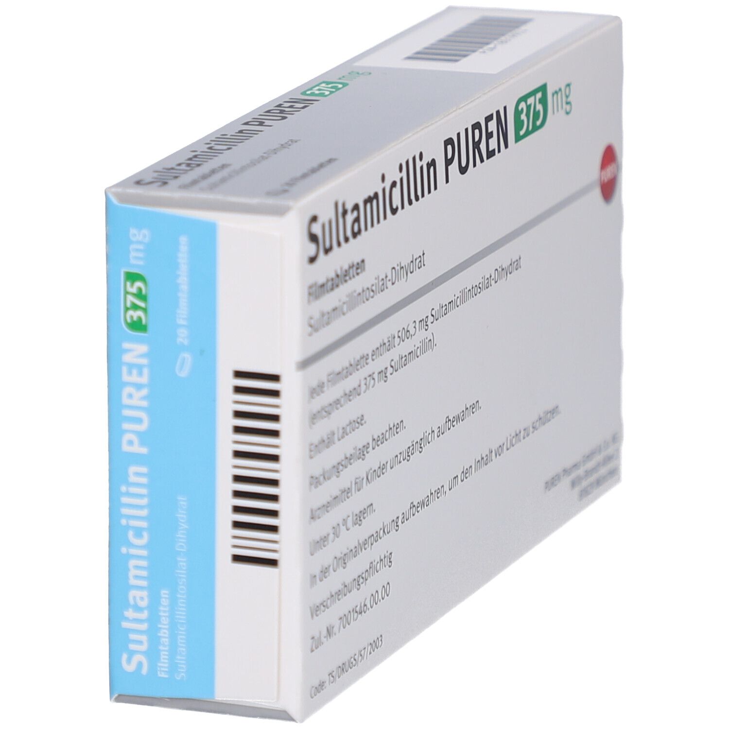 Schachtel SULTAMICILLIN PUREN 375 mg, schräg. Barcode und Text auf der Seite. Logo PUREN rechts.
